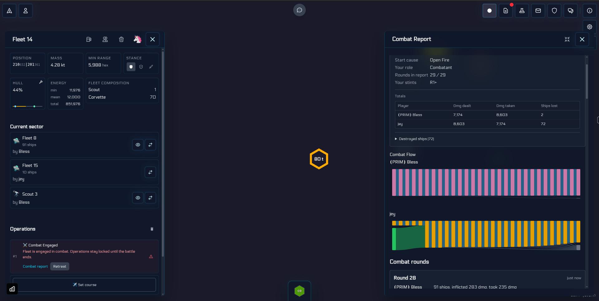 Combat report with fleet panel, combat flow charts, and round details