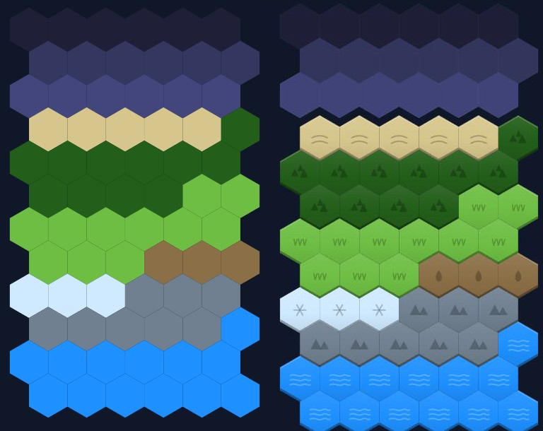 Early flat surface design (left) compared with the current terrain-motif and shading approach (right)